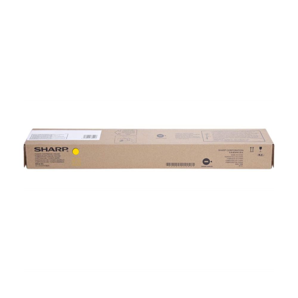 Yellow toner cartridge box for Sharp MXC-50TY, designed for MX-C 407 F, featuring a simple brown cardboard design with a yellow dot and product details printed on the side.