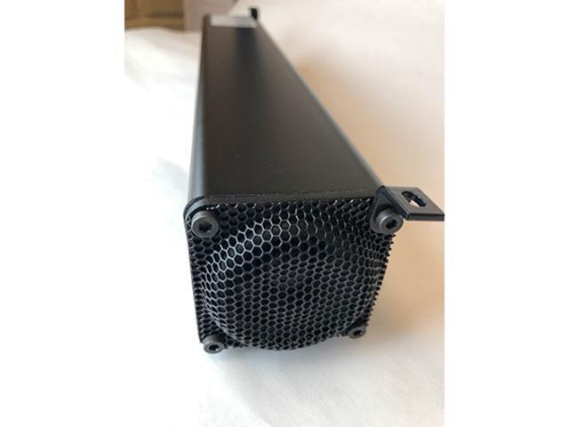 Black wired speaker with a sleek metal casing, featuring a round mesh grille at one end and mounting brackets for easy installation.