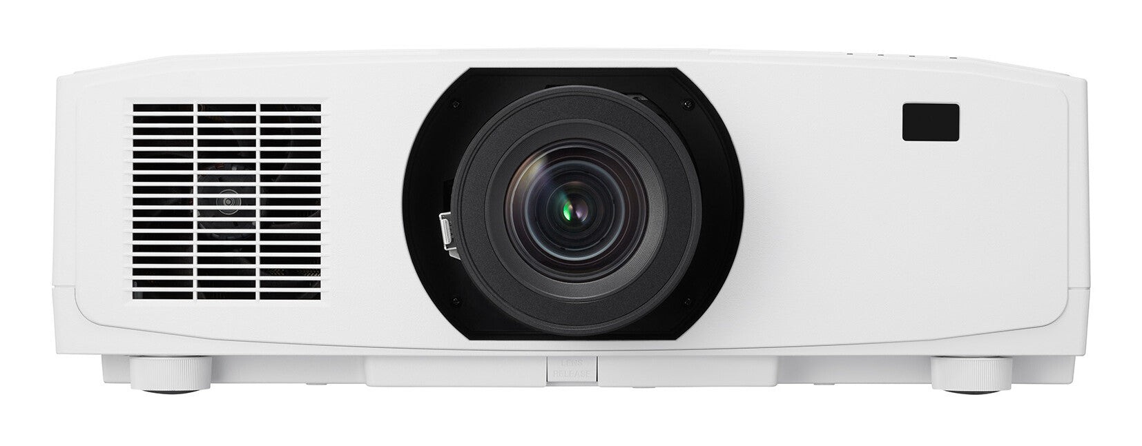 White Sharp V801U projector featuring a prominent lens, ventilation grilles on the side, and a sleek, modern design, delivering 8000 ANSI lumens brightness and WUXGA resolution.