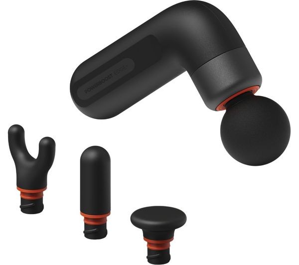 Portable black percussion massager with a curved design, featuring interchangeable attachments in various shapes, highlighted by orange accents.