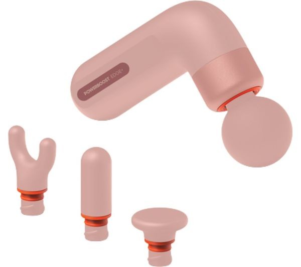 Portable pink percussion massager with an ergonomic design, featuring interchangeable attachments: a round ball, a fork, and a flat head for versatile muscle relief.