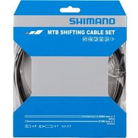 Blue Shimano MTB gear cable set packaging with black cables visible through clear plastic.