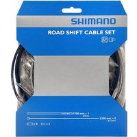 Blue Shimano road gear cable set with steel inner wire, packaged in a rectangular box with clear front window.