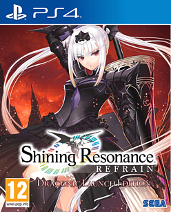 Cover art features a female character in a black dress with white hair, set against a fiery red background, with "Shining Resonance Refrain: Draconic Launch Edition" prominently displayed.