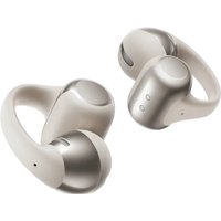 Beige and silver SHOKZ E310GY wireless ear-clip-on headphones with sleek design for calls, music, and sports.