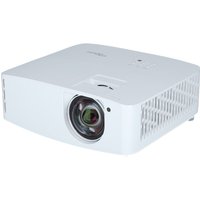 White Optoma short throw 4K UHD projector with large lens and vented sides for gaming and home entertainment.