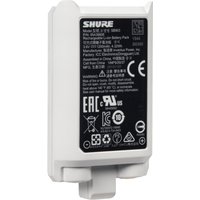 Shure SB903 white rechargeable lithium-ion battery with black label and certification symbols.