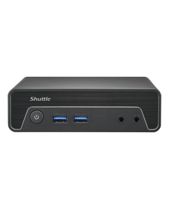 Compact black Shuttle Nano PC NE10N with Intel N100 processor, featuring two USB ports, audio jacks, and a power button on the front panel.