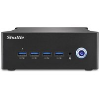 Black Shuttle Nano PC NT10H5 with Intel Core Ultra 5, four USB ports, and blue-lit power button.