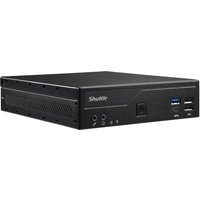 Shuttle Slim PC DH610, black compact design, front USB ports, audio jacks, power button, and Shuttle logo.
