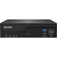 Black Shuttle XPÇ slim DH610V2 barebone PC, compact 1.35L size, front USB ports, audio jacks, and power button.
