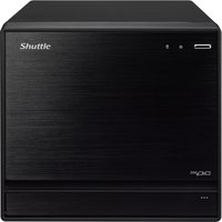 Black Shuttle XPC cube SB860R8 barebone PC with brushed metal finish and minimal front panel design.