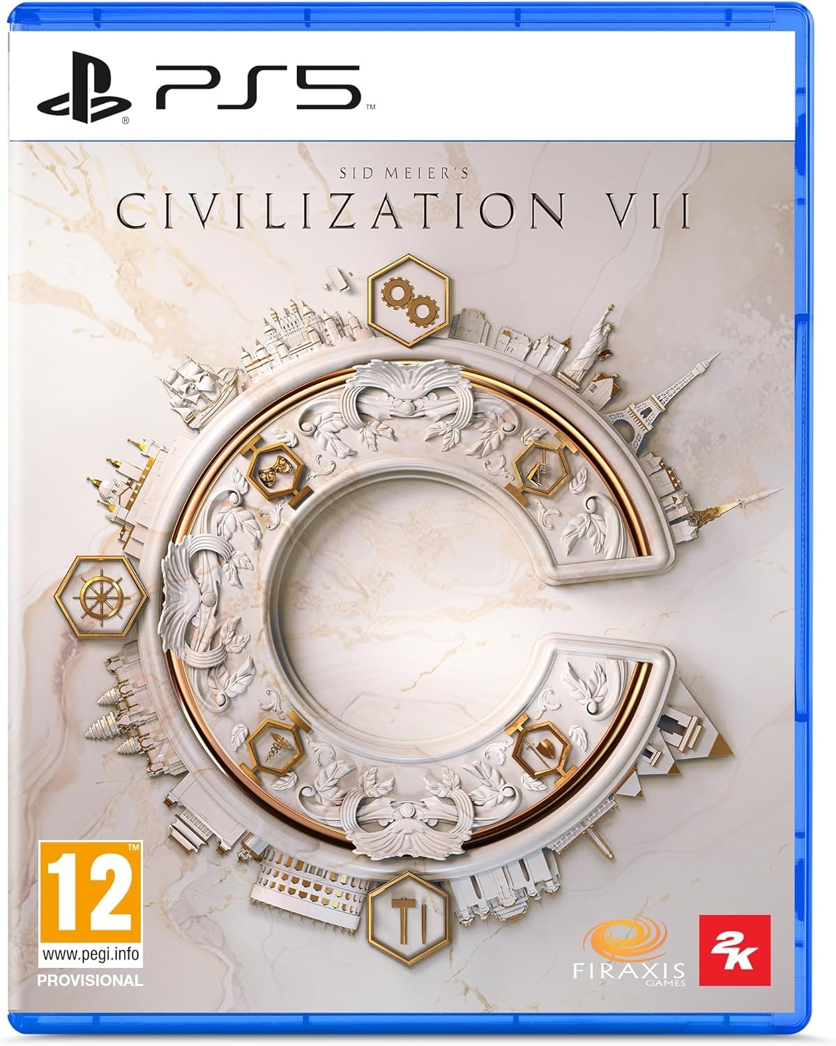 Civilization VII Standard Edition for PS5 features a blue case with a prominent gold and white "C" logo, intricate designs, and iconic landmarks in the background.