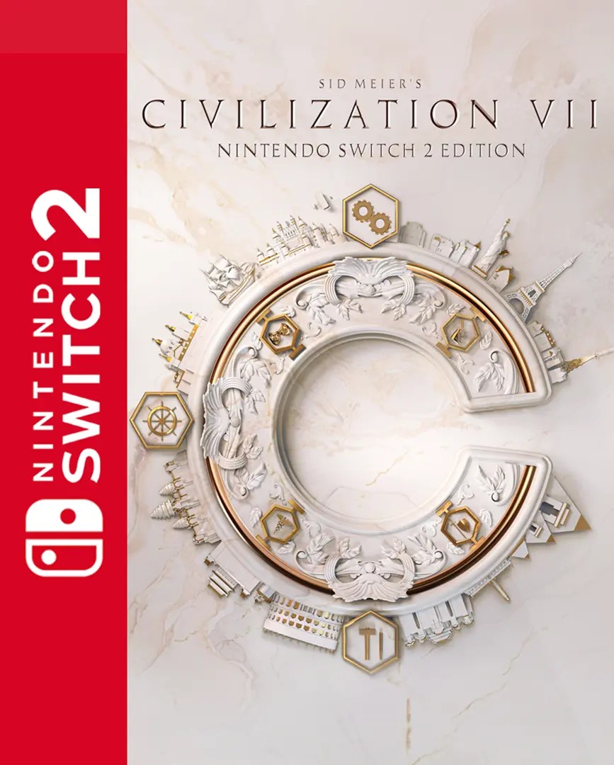 Sid Meier's Civilization VII Standard Edition for Nintendo Switch 2 features a white and gold ornate design with iconic cityscape elements and the letter "C" prominently displayed.
