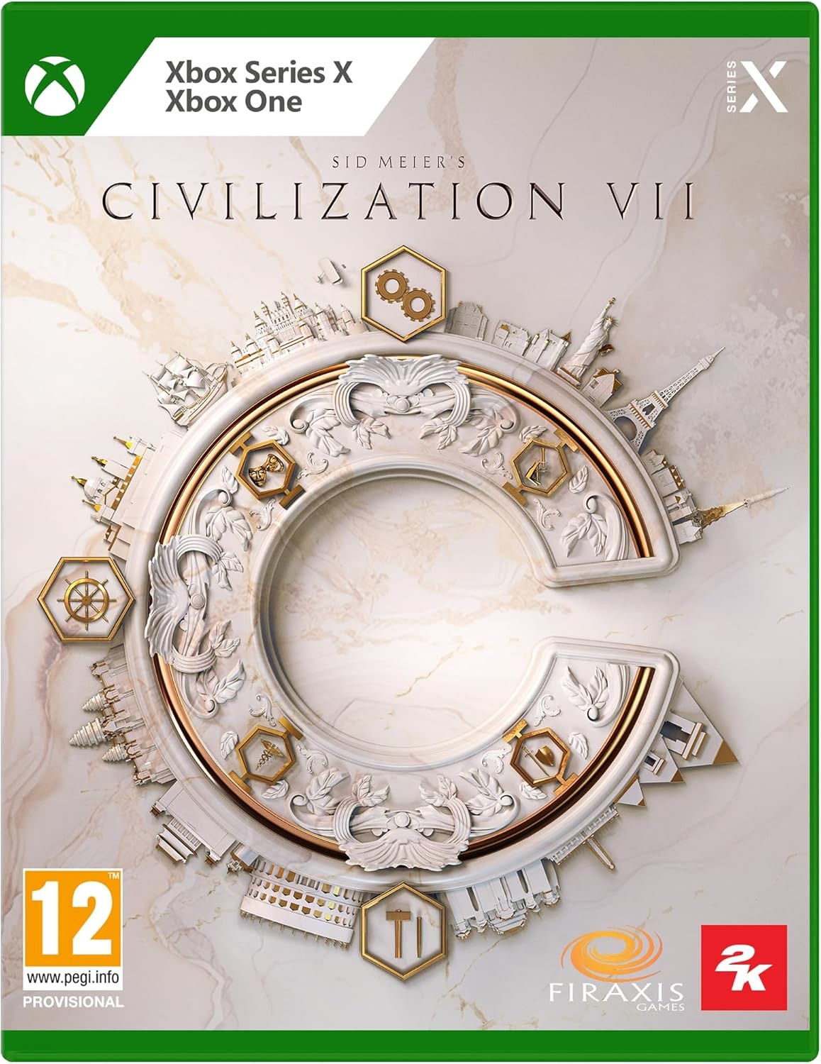 Cover art features a stylized "C" with intricate cityscape designs, gold and silver accents, and the title "Sid Meier's Civilization VII" prominently displayed, set against a marble background.