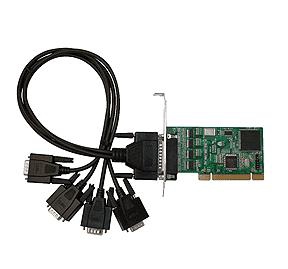Green circuit board PCI interface card with a metal bracket, featuring four black RS-232 ports and a cable with multiple connectors for serial communication.