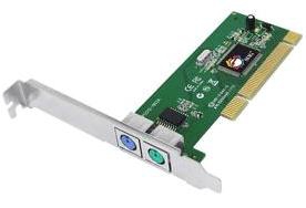 Green PCI card with two PS/2 ports (one purple, one green) and a metal bracket, featuring a black chip and various electronic components.