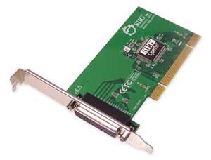 Green PCI-1P interface card by Siig with a silver metal bracket, featuring electronic components and connectors for dual profile installation.