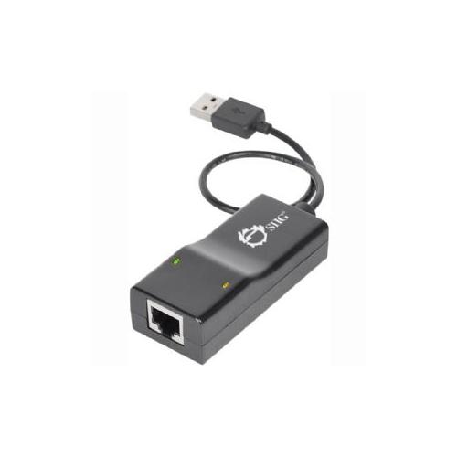 Black Siig JU-NE0111-S1 USB to Ethernet adapter with a compact design, featuring two LED indicator lights and a USB connector attached by a short cable.
