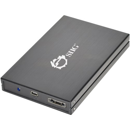 Black metal storage drive enclosure with Siig logo, featuring USB 3.0 and micro USB ports, designed for 2.5" drives, sleek and compact design.