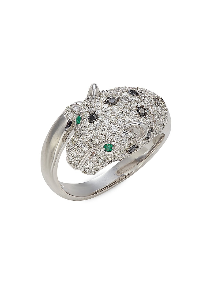 14K white gold leopard ring featuring a detailed head design adorned with white and black diamonds, and emerald eyes, sized at 7.5.
