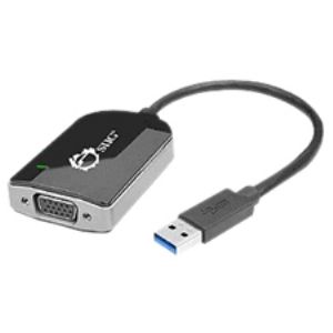 Black USB graphics adapter with a compact design, featuring a VGA output and a USB 3.0 connector, highlighted by a sleek metallic finish and a green LED indicator.