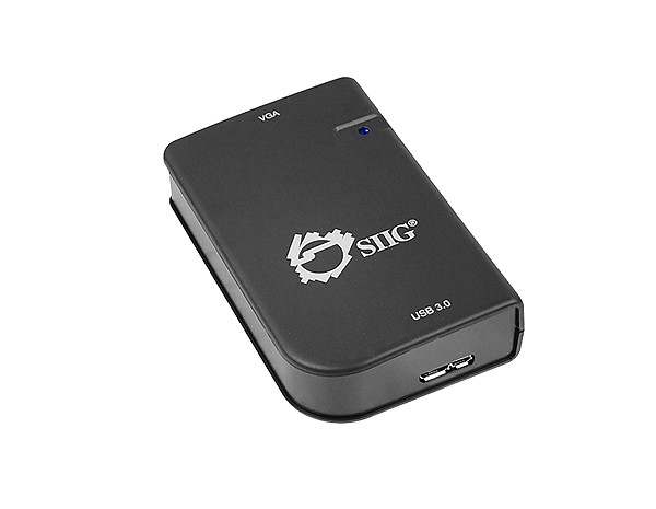Black USB graphics adapter with a sleek design, featuring a blue LED indicator, USB 3.0 port, and VGA output, capable of supporting resolutions up to 2048 x 1152 pixels.
