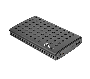 Black 2.5" external hard drive enclosure with a perforated design, USB 3.0 and SATA connectivity, featuring a sleek plastic body and a blue LED indicator.