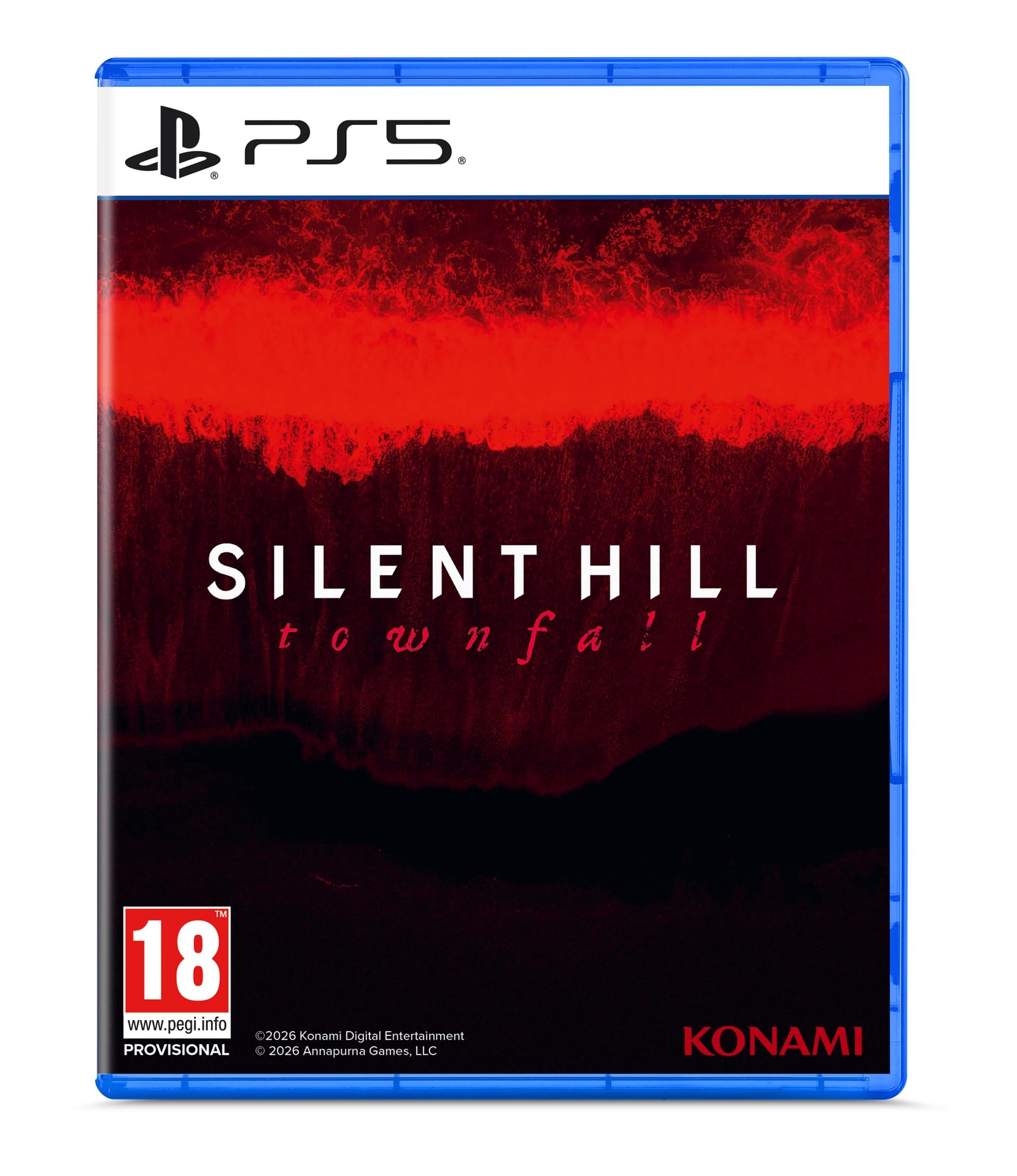Cover art for "Silent Hill: Townfall" for PS5 features a dark red and black design with the title prominently displayed, along with the age rating and publisher information.