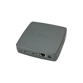 Gray rectangular device with rounded edges, featuring two USB ports and an Ethernet port on one side, labeled with the Silex logo on the top.