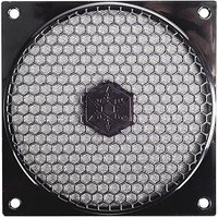 Silverstone FF121B fan grill with hexagonal mesh pattern and square black frame, central logo emblem.
