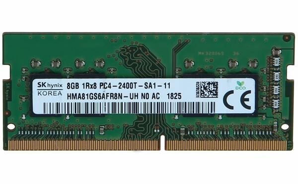 Green circuit board with gold connectors, featuring a white label displaying "SK Hynix 8GB 1Rx8 PC4-2400T-SA1-11 HMA81GS6AFR8N-UH NO AC" and various certification marks.