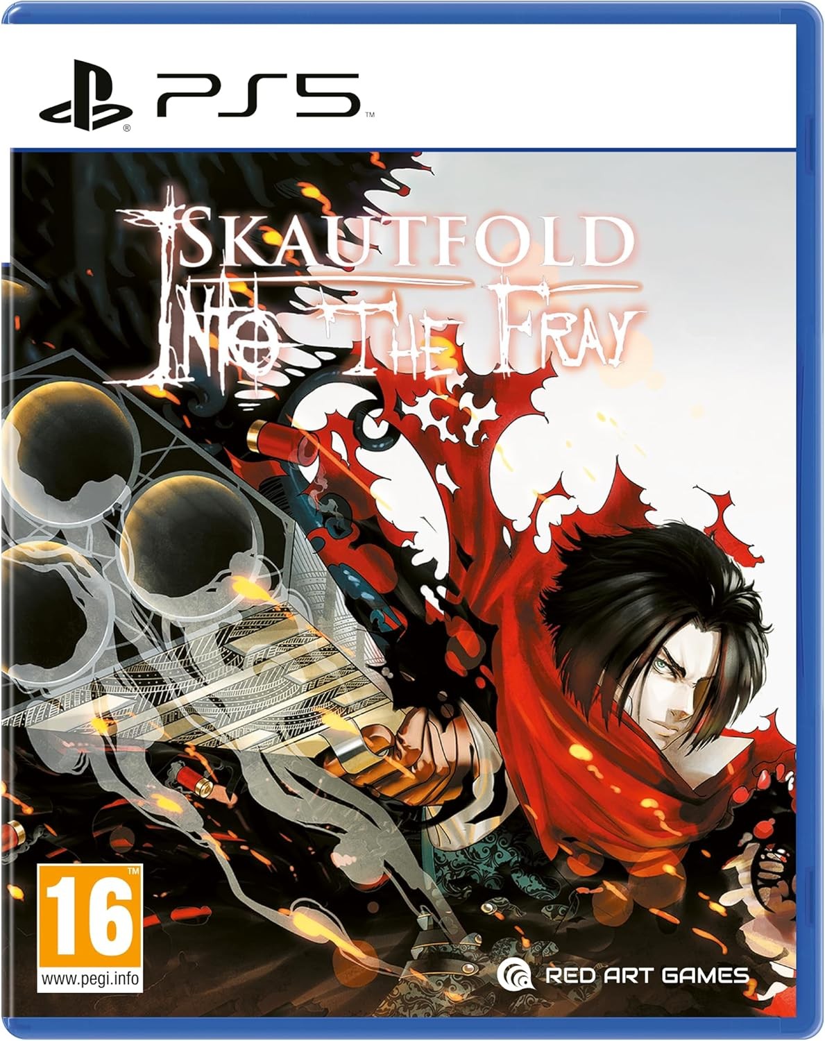 Skautfold 3: Into the Fray for PS5 features a vibrant cover with a dark-haired character, intricate artwork, and a striking red and black color scheme, alongside the PS5 logo.