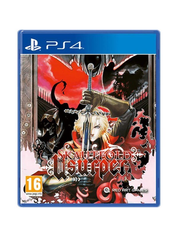 Cover art for "Skautfold: Usurper" on PlayStation 4 features a blonde character wielding a sword, with dark, gothic elements and red accents against a black background.