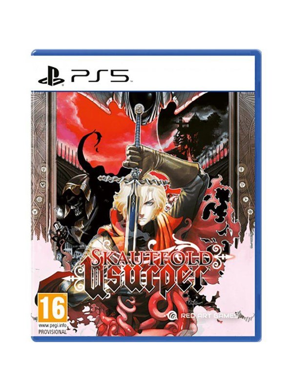 PS5 game case for "Skautfold: Usurper" featuring a vibrant cover art with a character wielding a sword, surrounded by dark, gothic elements and intricate designs.
