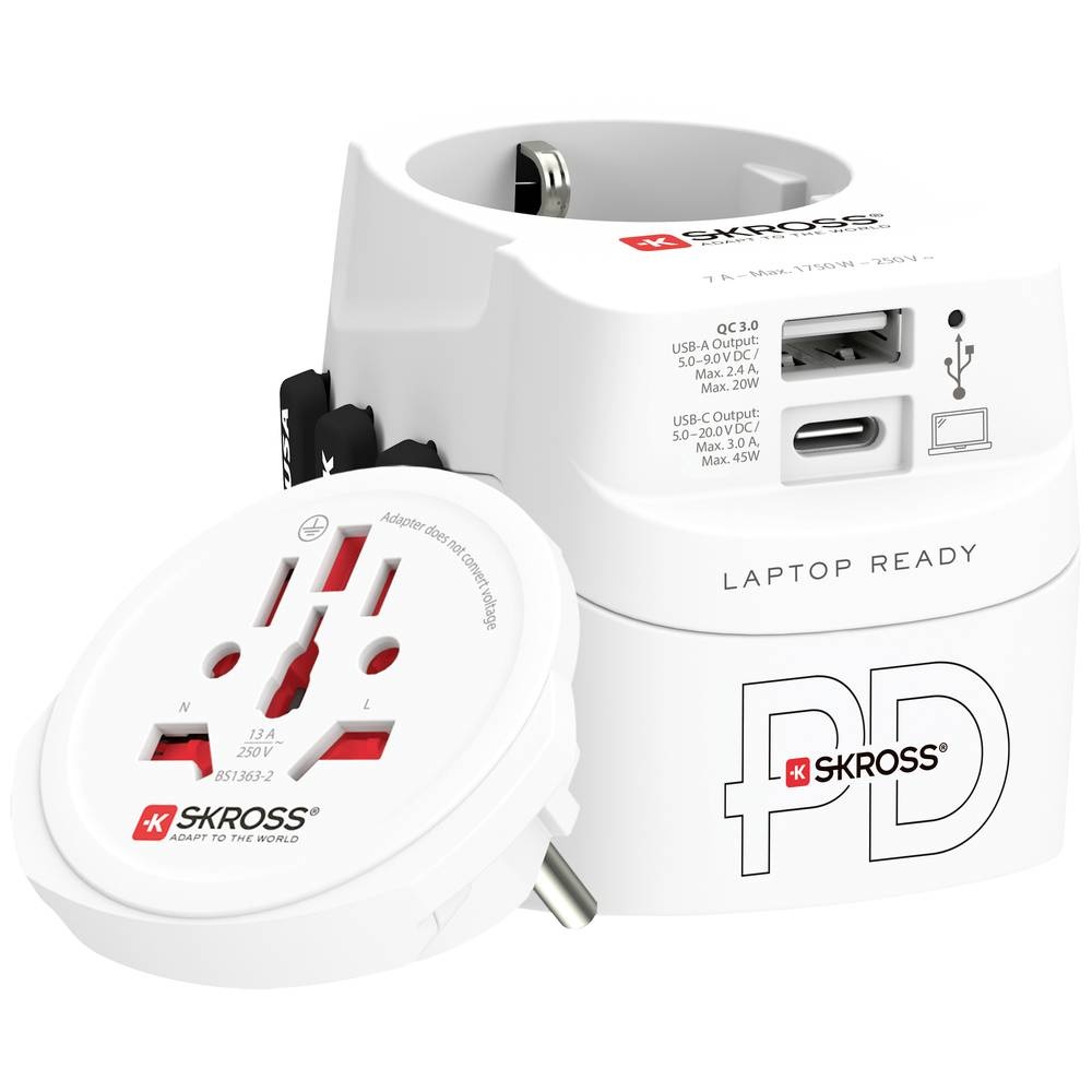 White Skross Pro Light USB AC45PD travel adapter featuring multiple USB ports, including a USB-C port, and a compact design with international plug compatibility.