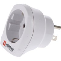 White Skross Europe-to-USA travel adapter with earthed plug and Skross logo on the side.