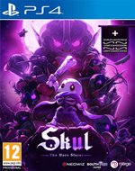 Cover art for "Skul: the Hero Slayer" featuring a purple and black color scheme, showcasing a cartoonish skull character wielding a bone, with ominous creatures in the background.
