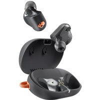 Black Skullcandy Sesh Anc Active TWS in-ear headset with orange accents and charging case.