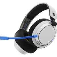 White and black Skullcandy SLYR Pro wireless headset with blue microphone and cushioned ear cups.