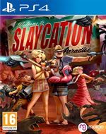 Colorful game cover featuring cartoon characters in vacation attire, holding weapons, with a tropical background and bold "Slaycation Paradise" title at the top.