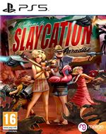 "Slaycation Paradise for PS5 features vibrant artwork with a beach theme, showcasing characters in summer attire, tropical elements, and playful weapons, all set against a colorful backdrop."