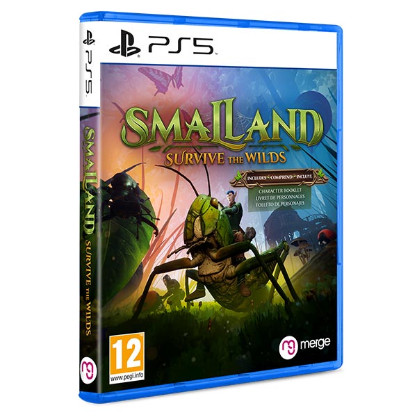 Smalland: Survive the Wilds for PS5 features a vibrant blue case, with colorful artwork depicting giant insects and a lush environment, highlighting adventure and survival themes.
