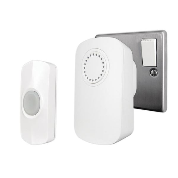White smart plug-in door chime with a round speaker design and a wireless button, mounted on a silver wall plate, featuring a simple, modern aesthetic.