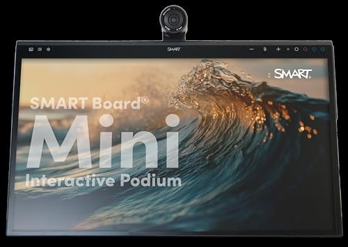SIP-727 Board Mini 727 features a sleek black frame with a large touchscreen displaying a wave image, labeled "SMART Board Mini Interactive Podium" in bold white text.