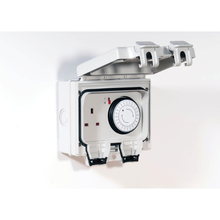 White IP66-rated electrical socket with a mechanical timer, featuring two outlets and a hinged protective lid, mounted on a wall.
