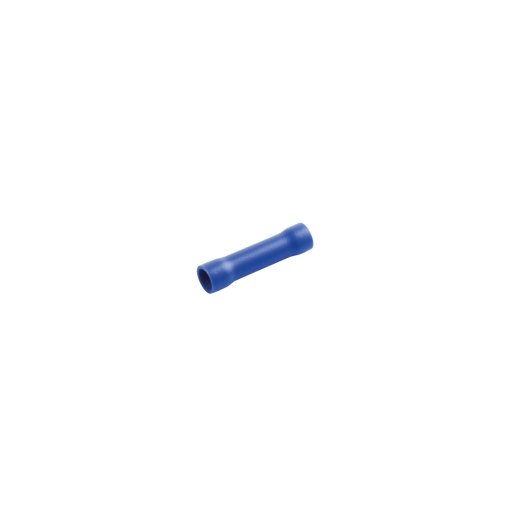 Blue 4mm butt crimp connector made of durable plastic, featuring a cylindrical shape and smooth surface, packaged in a quantity of 100.