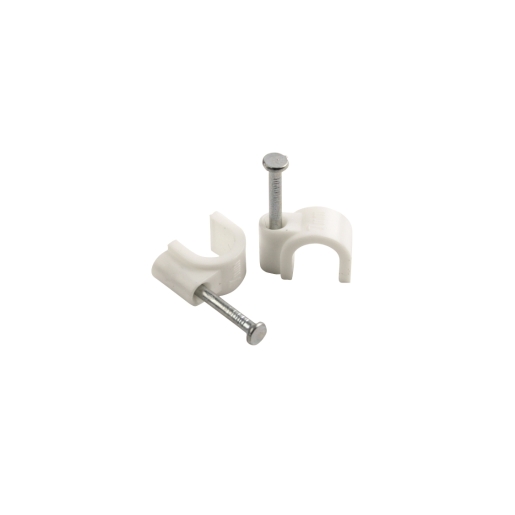 White plastic cable clips with a 5mm round opening and metal nails, packaged in a set of 100, designed for securing cables.
