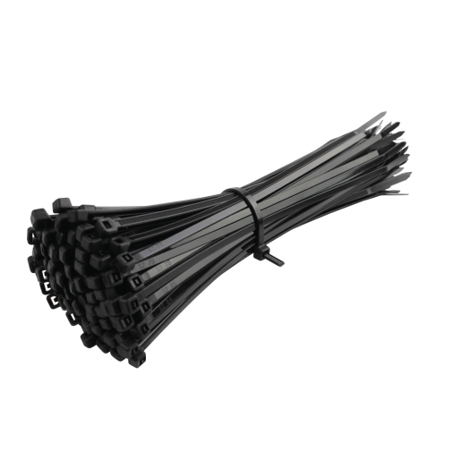 Black cable ties, measuring 3.2 x 180mm, bundled together, made of durable plastic, suitable for various fastening and organizing tasks, packaged in a quantity of 100.