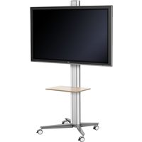 "SMS flatscreen stand with large black monitor, silver frame, wheeled base, and wooden shelf"